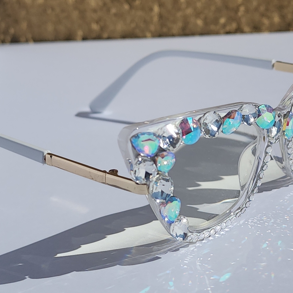 Women's Bling Cat Eye Readers Colorful Rhinestones AB Reading Glasses White+1.00 - Picture 9 of 10